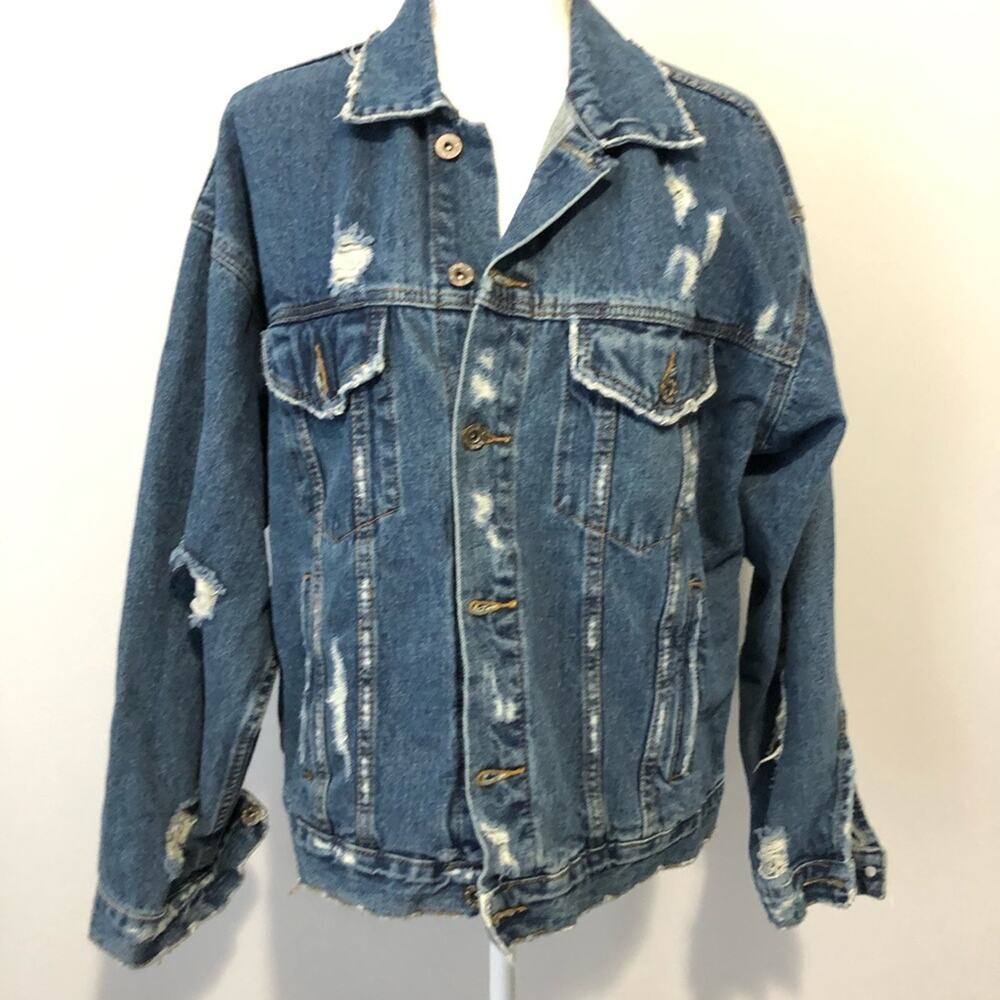 CArmar ripped distressed oversized  blue denim jean jacket trucker size XS
